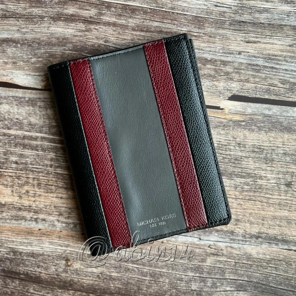 NWT Michael Kors Leather Passport Case Black Maroon Grey